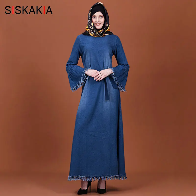 Siskakia Denim Long Dress Autumn 2019 Women Casual Maxi Dresses Flare Long Sleeve Tassel Patchwork Muslim Clothes Blue
Siskakia Denim Long Dress Autumn 2019 Women Casual Maxi Dresses Flare Long Sleeve Tassel Patchwork Muslim Clothes Blue
