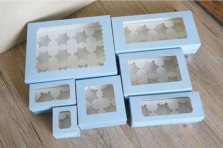 kraft paper packaing cake box with pvc window ,blue or brown
