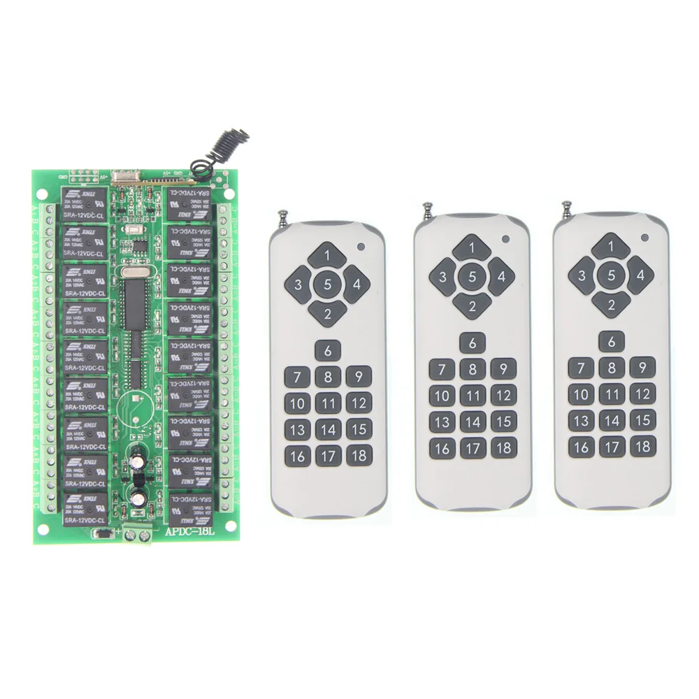 Universal DC 12V 24V 10A Relay 18CH 18 CH Wireless RF Remote Control Switch Transmitter+Receiver Module,315 / 433 MHz
Universal DC 12V 24V 10A Relay 18CH 18 CH Wireless RF Remote Control Switch Transmitter+Receiver Module,315 / 433 MHz
