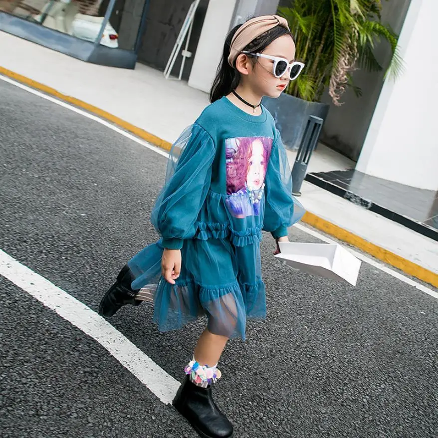 Фото Детское Сетчатое платье с длинным рукавом принтом | Детская одежда и обувь