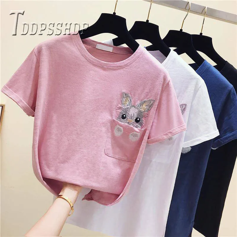 Embroidery Rabbit Pocket Women T Shirt Soft Fabric White Color Short Sleeve Round Neck Summer Female Tee Tops
Embroidery Rabbit Pocket Women T Shirt Soft Fabric White Color Short Sleeve Round Neck Summer Female Tee Tops