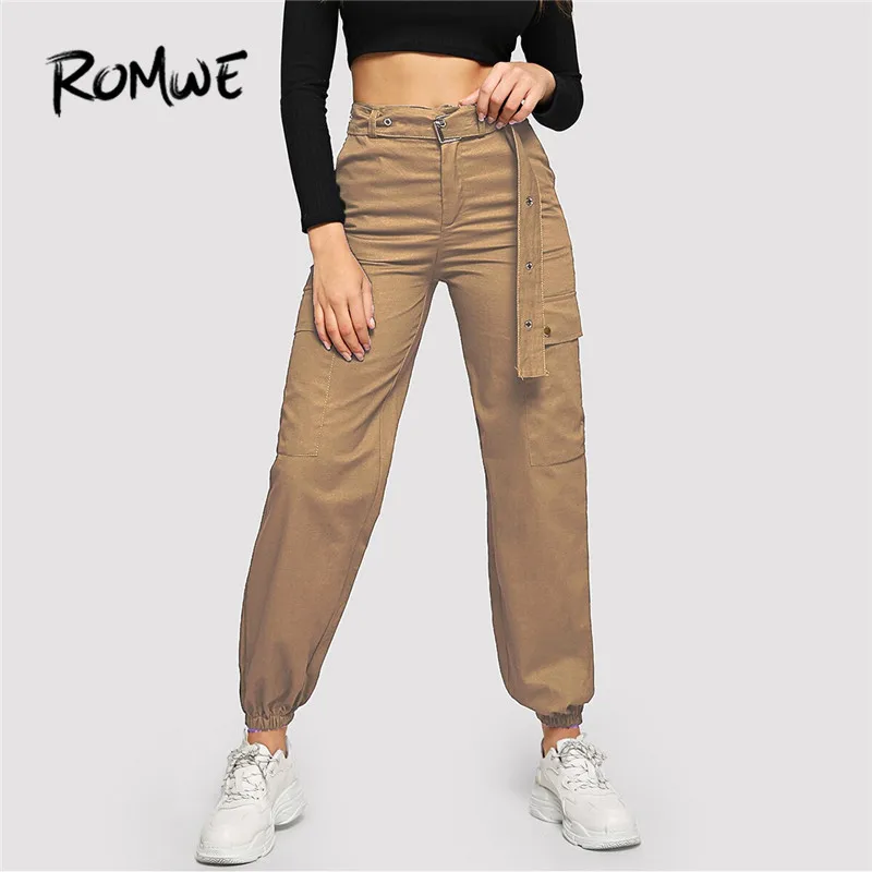 

ROMWE Flap Pocket Grommet Belted Black Cargo Pants Women Casual High Waist Pants Button Fly Streetwear Trousers Loose Pants