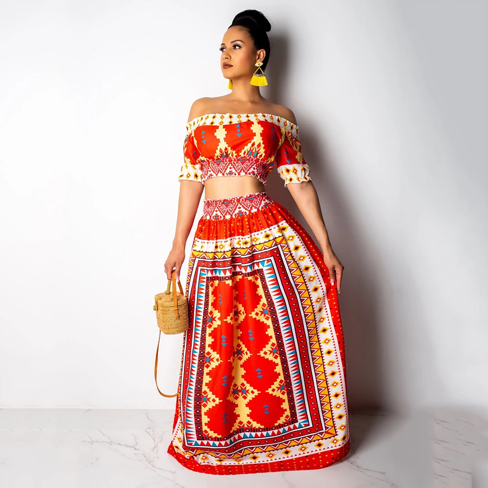 Women Sexy Slash Neck Off Shoulder Crop Top Maxi Swing Skirts Suit 2 Piece Set Vintage Geometric Print Elastic Waist Outfits
Women Sexy Slash Neck Off Shoulder Crop Top Maxi Swing Skirts Suit 2 Piece Set Vintage Geometric Print Elastic Waist Outfits