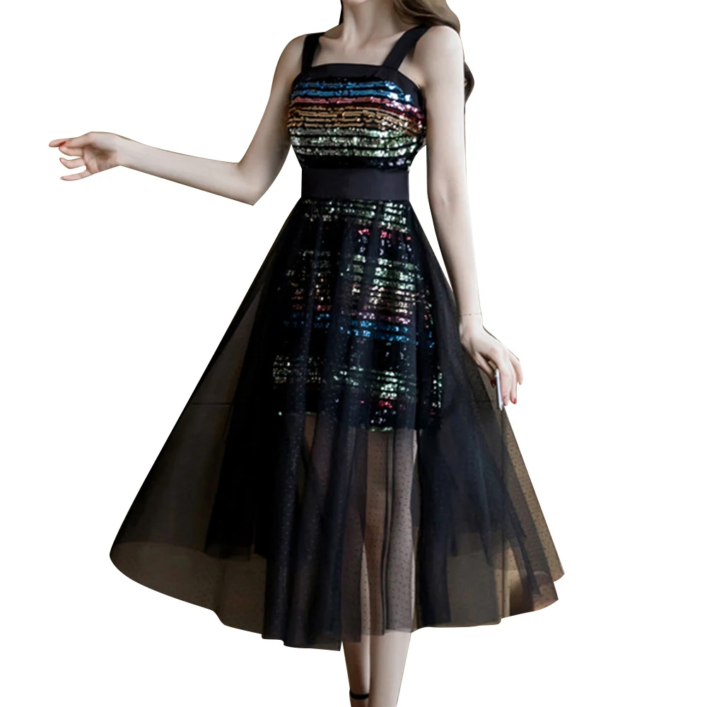 Women Dress Apparel Colorful Sequined Striped Mesh Voile A-Line Fashion Korea Lady Female Summer Clothes Black Sleeveless Sexy
Women Dress Apparel Colorful Sequined Striped Mesh Voile A-Line Fashion Korea Lady Female Summer Clothes Black Sleeveless Sexy