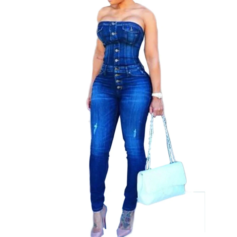Trendy Strapless Single-breasted Design Blue Cotton Blends Denim One-piece Skinny Bodycon Jeans Jumpsuit For Women
Trendy Strapless Single-breasted Design Blue Cotton Blends Denim One-piece Skinny Bodycon Jeans Jumpsuit For Women