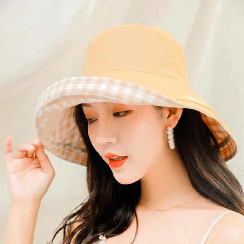 Women Bucket Hats Double-sided Solid All-match Wide Brim Korean Style Ladies Elegant Summer Sun Shading Hat Plaid Fisherman Hat
Women Bucket Hats Double-sided Solid All-match Wide Brim Korean Style Ladies Elegant Summer Sun Shading Hat Plaid Fisherman Hat