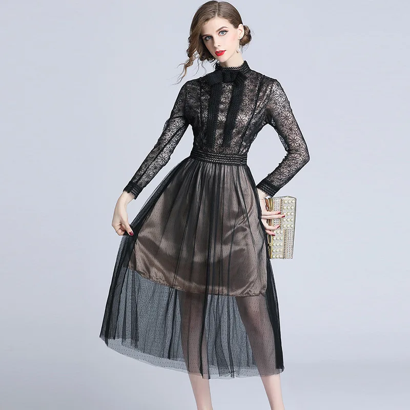 New Autumn Long Sleeve Black Lace Patchwork Mesh Dress Casual Slim Fashion Bow Stand Collar Dress Women Crochet Party Dresses
New Autumn Long Sleeve Black Lace Patchwork Mesh Dress Casual Slim Fashion Bow Stand Collar Dress Women Crochet Party Dresses
