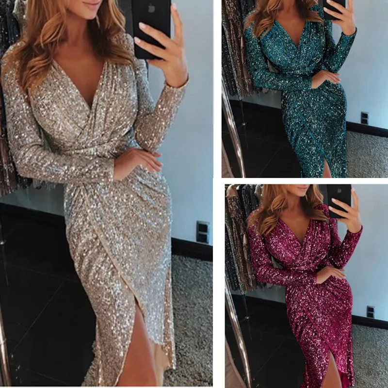 New style elegant women winter dress v neck long sleeve sexy sequin dress ladies sexy club party wear A81101
New style elegant women winter dress v neck long sleeve sexy sequin dress ladies sexy club party wear A81101