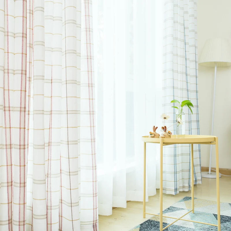

White Sheer Curtains For Bedroom Modern Plaid Blue Tulle Curtain for Living Room Balcony Window Voile Curtain