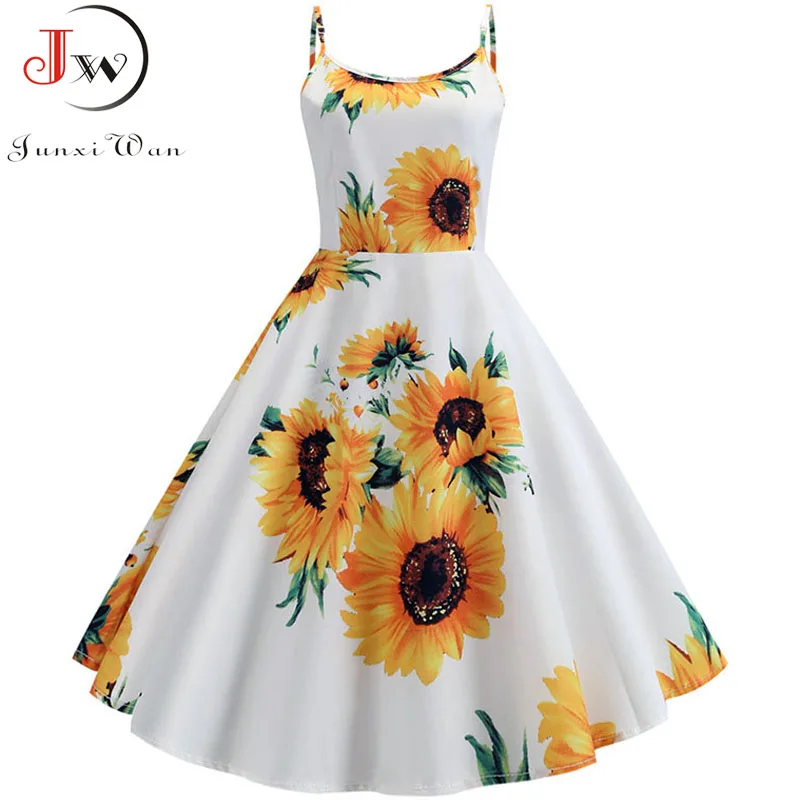 Summer Women Dress Sexy Sunflower Print Tunic Beach Dress Sundress White Spaghetti Strap Swing Vintage Rockabilly Dresses
Summer Women Dress Sexy Sunflower Print Tunic Beach Dress Sundress White Spaghetti Strap Swing Vintage Rockabilly Dresses