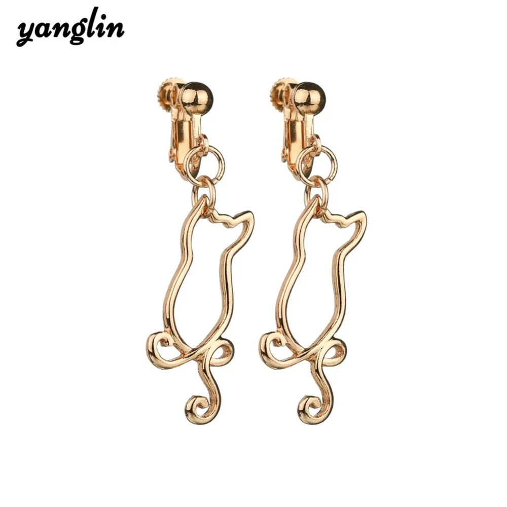 Lovely Gold Sliver Color Cute Cat Animal Clip Earrings Without Piercing For Women Fashion Long Drop Ear Cuff Jewelry | Украшения и