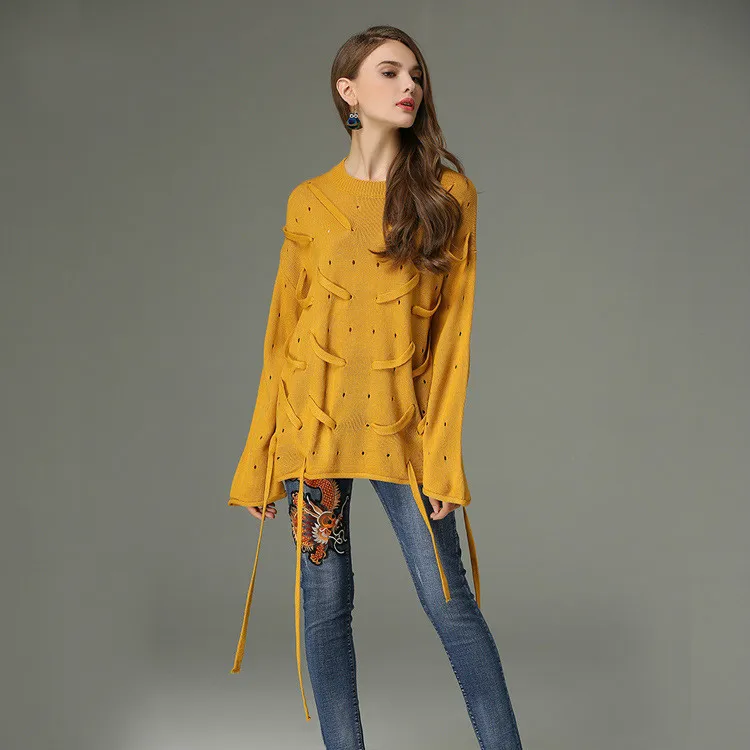 Women Sweaters And Pullovers Promotion Jumper 2019 Autumn Winter Rope Piercing Holes Sweater Loose Large Code Female Tide | Женская