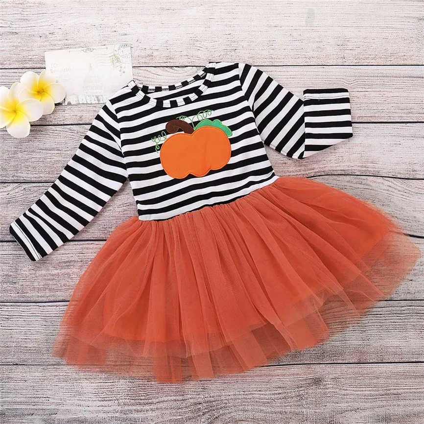 Halloween Dress Kids Baby Girls Pumpkin Striped Print Long Sleeve Dress+Headbands Set Sep#1 | Детская одежда и обувь