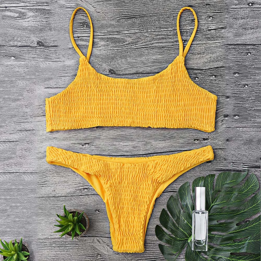 

2019 Women Swimwear Bikini Cami Smocked Bikini Top and Bottoms Sexy Low Waisted Spaghetti Straps Swimsuit Women Bathing Suit