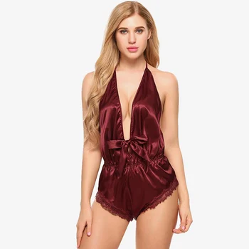 Women Satin Lace Deep V-Neck Bodysuit Pajamas Backless Sexy Soft Female Romper Nightgown 2020 Summer With Bow Ladies Sleepwear
Women Satin Lace Deep V-Neck Bodysuit Pajamas Backless Sexy Soft Female Romper Nightgown 2020 Summer With Bow Ladies Sleepwear