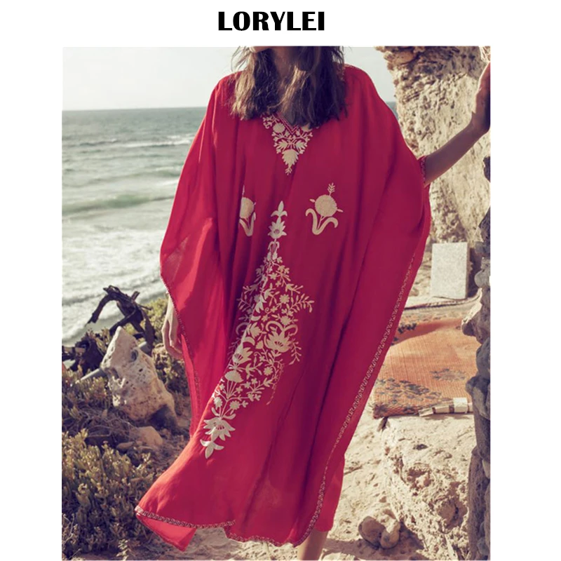 2019 красное богемное вышитое Свободное длинное летнее платье с рукавами летучая