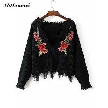 2019 Spring Autumn Deep V-Neck Sexy Sweater Black Women Floral Embroidery Crop Knitwear Women Pullover Tassel Loose Jumper Tops
2019 Spring Autumn Deep V-Neck Sexy Sweater Black Women Floral Embroidery Crop Knitwear Women Pullover Tassel Loose Jumper Tops