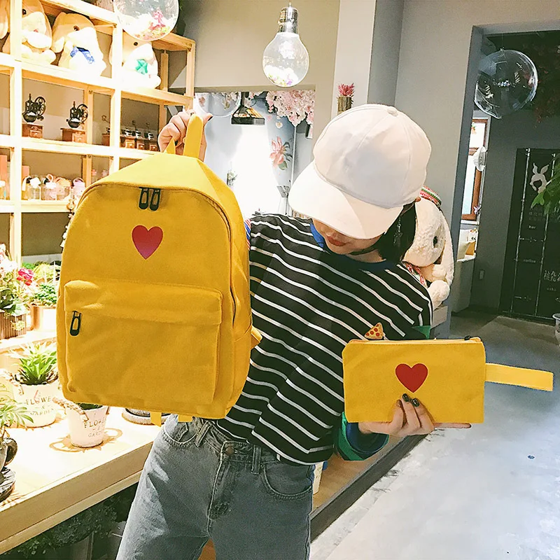 Высококачественный желтый холщовый рюкзак с принтом сердца Студенческая