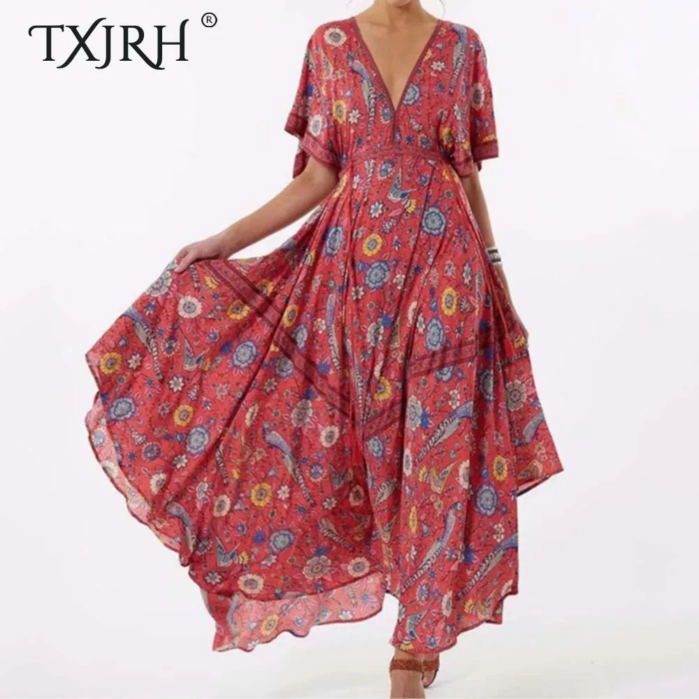 TXJRH Vintage Ethnic Red Peacock Bird Floral Print A-Line Lacing up Waist Tassel Fashion Women V-Neck Bohemia Max Swing Dress
TXJRH Vintage Ethnic Red Peacock Bird Floral Print A-Line Lacing up Waist Tassel Fashion Women V-Neck Bohemia Max Swing Dress