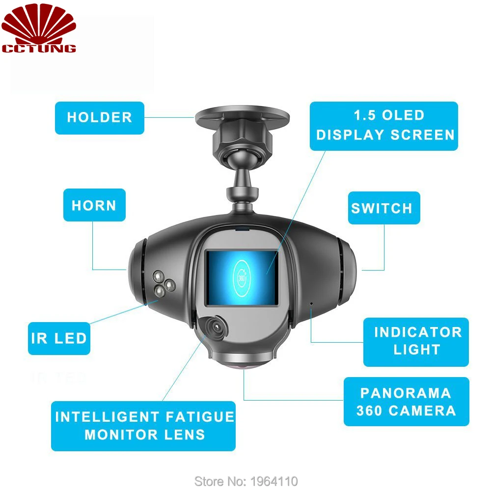 Panoramic 360 Degree Car Camera with LCD Screen Real-Time Fatigue Driving Detection OBD Power Supply WIFI Connection Free APP_9