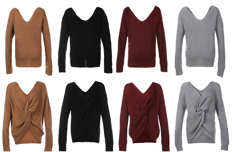 European and American women's spring and autumn and winter new solid color V-neck pullover sweater sexy leak-back sweater (2)