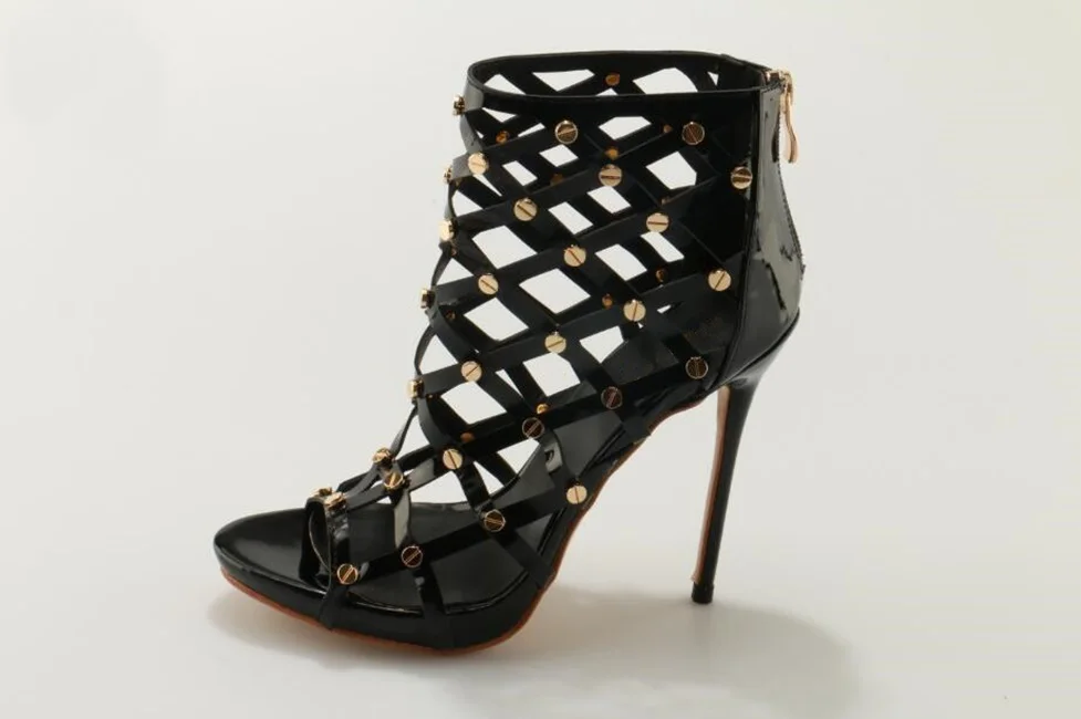 

Black Patent Leather Gold Studded Cage Sandals Back Zipper Thin Heel Peep Toe Women Dress Shoes Sexy Cut-out Gladiator Sandals