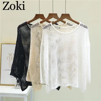 Zoki Summer Silk Women Knitted Sweater Sexy Hollow Out Pullovers Smock Casual Fashion O-neck Loose Harajuku Solid Female Coat
Zoki Summer Silk Women Knitted Sweater Sexy Hollow Out Pullovers Smock Casual Fashion O-neck Loose Harajuku Solid Female Coat