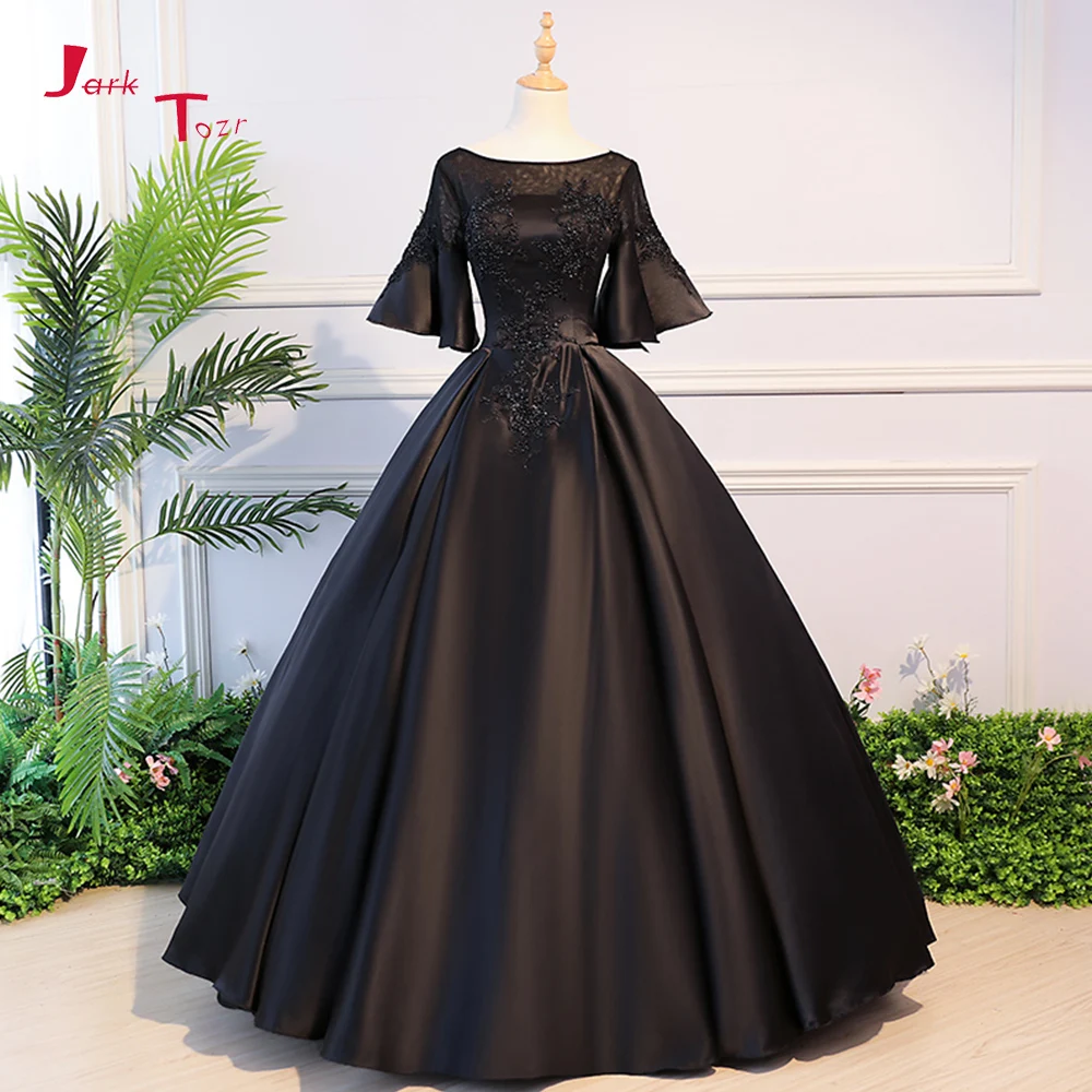 Черное Атласное Бальное Платье с открытой спиной и аппликациями украшенное