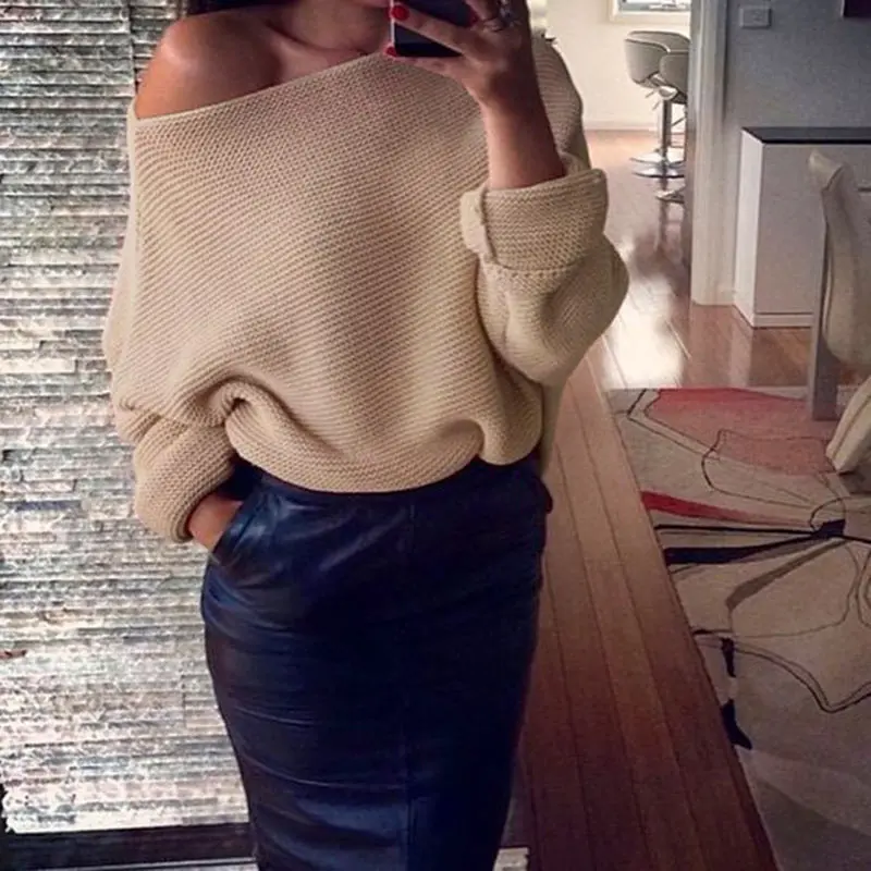 Sexy Off Shoulder Sweater Women Autumn 2018 Streetwear Solid Color Loose Round Neck Long Sleeve Pullover Tops Roupas Feminina (5)