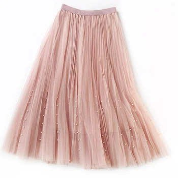 Solid 3 Layer Female Pleated High Waist Tutu Skirt Beading Tulle Mesh Midi Skirt Half Length Elastic Elegant Cute Skirt Pink 
Solid 3 Layer Female Pleated High Waist Tutu Skirt Beading Tulle Mesh Midi Skirt Half Length Elastic Elegant Cute Skirt Pink