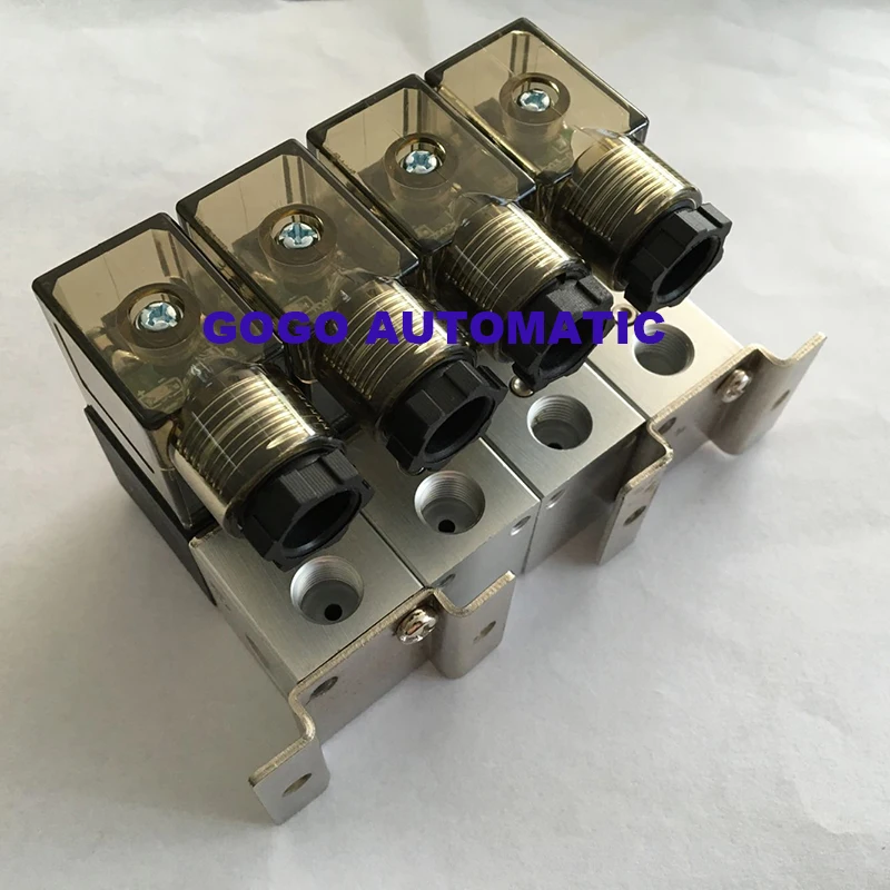 4pcs with a manifold 3 way Pneumatic Aluminium solenoid valve 3V1-06 1/8" BSP AC220V micro direct acting gas electric valve
4pcs with a manifold 3 way Pneumatic Aluminium solenoid valve 3V1-06 1/8" BSP AC220V micro direct acting gas electric valve