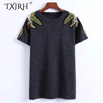 TXJRH Sweet Ethnic Shoulder Leaf Pattern Embroidery Appliques Short Sleeve O-Neck Pullover T-Shirt Slim Fashion Women Tee Tops
TXJRH Sweet Ethnic Shoulder Leaf Pattern Embroidery Appliques Short Sleeve O-Neck Pullover T-Shirt Slim Fashion Women Tee Tops