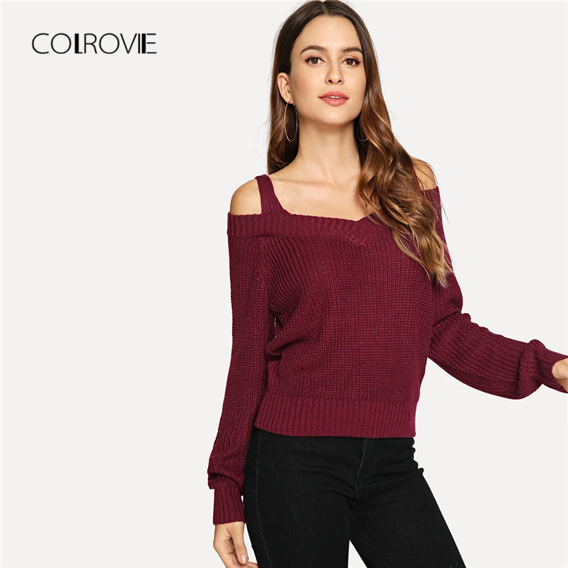 COLROVIE Burgundy Cold Shoulder Straps Long Sleeve Knitted Casual Sweater Women 2018 Streetwear Pullovers Winter Jumper Sweaters
COLROVIE Burgundy Cold Shoulder Straps Long Sleeve Knitted Casual Sweater Women 2018 Streetwear Pullovers Winter Jumper Sweaters