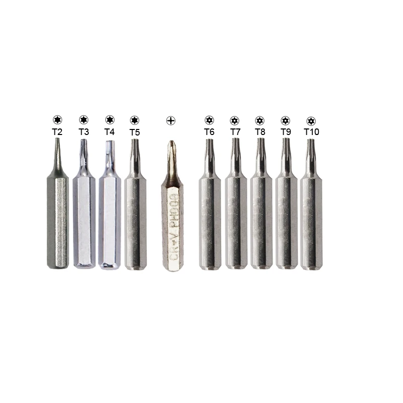 10pcs CR-V Torx Bit Set Including T2 T3 T4 T5 T6 T7 T8 T9 T10 (T6-T10 Security Torx Bits) and PH000 Drill driver Bit
10pcs CR-V Torx Bit Set Including T2 T3 T4 T5 T6 T7 T8 T9 T10 (T6-T10 Security Torx Bits) and PH000 Drill driver Bit