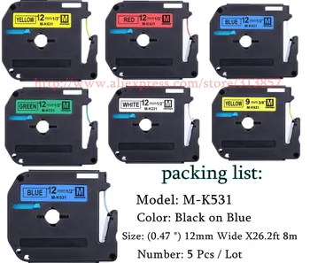 5PK Compatible P-touch M531 MK531 M-k531 Label Tape (0.47")12mm Wide X26.2ft Length ~1/2-Inch Black on Blue For PT80 PT70 PT65
5PK Compatible P-touch M531 MK531 M-k531 Label Tape (0.47")12mm Wide X26.2ft Length ~1/2-Inch Black on Blue For PT80 PT70 PT65