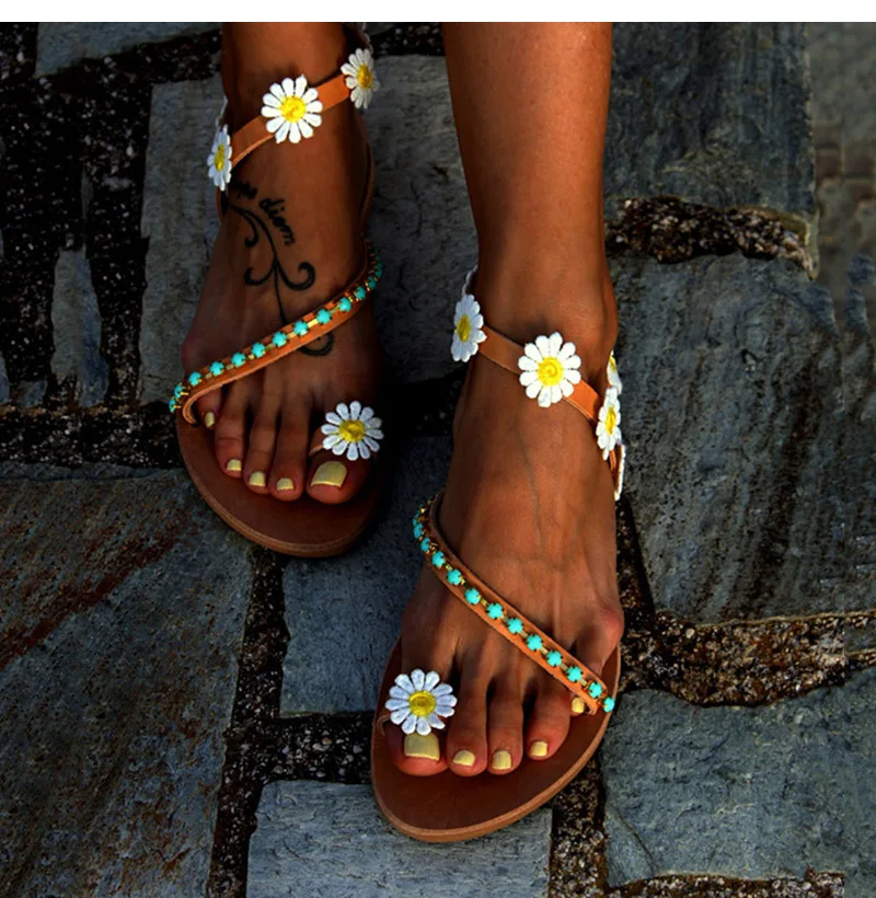 Summer Shoes Woman Gladiator Sandals Women Shoes Flat Fashion Weet Flowers Boho Beach Sandals Ladies Plus Size 44 12