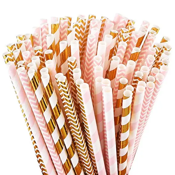 

500 Pcs Pick Colors Striped Chevron Zig Zag Light Pink Gold Foil Drinking Paper Straws,Wedding Baby Bridal Shower Birthday Party