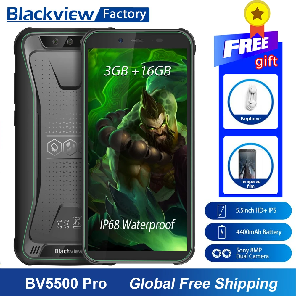 Blackview BV5500 Pro Smartphone IP68 Waterproof 5.5" HD+ Android 9.0 3GB RAM 4G Mobile Phone 8.0MP Camera NFC Rugged Cell Phone
Blackview BV5500 Pro Smartphone IP68 Waterproof 5.5" HD+ Android 9.0 3GB RAM 4G Mobile Phone 8.0MP Camera NFC Rugged Cell Phone