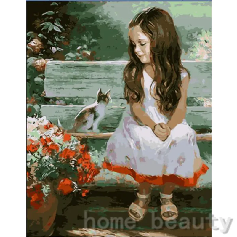 Image New framed digital oil painting by numbers diy home decoration craft paint on canvas unique gift picture girl and cat E091