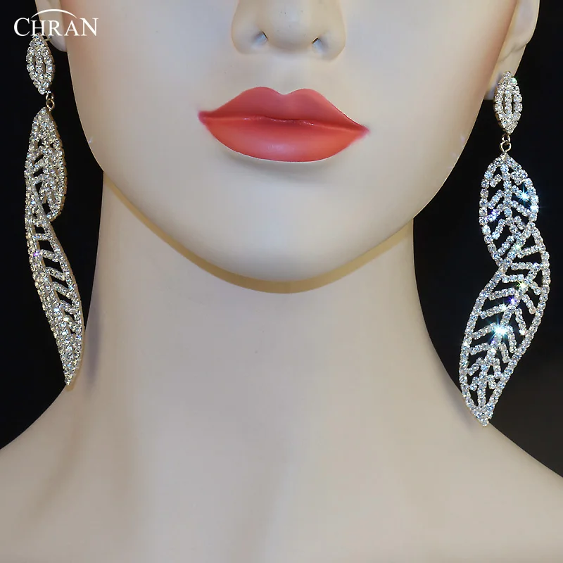 

CHRAN Fashion Leaf Design Women Exquisite Jewelry Crystal Earrings Long Unique Rhinestone Drop Dangle Big Earrings for Women