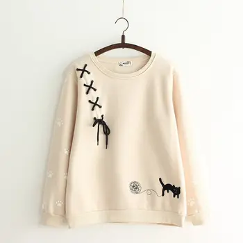 Fashion sweet wind Sweatshirt casual simple thickening plus velvet loose lacing decorative cute cat pattern round neck pullover
Fashion sweet wind Sweatshirt casual simple thickening plus velvet loose lacing decorative cute cat pattern round neck pullover