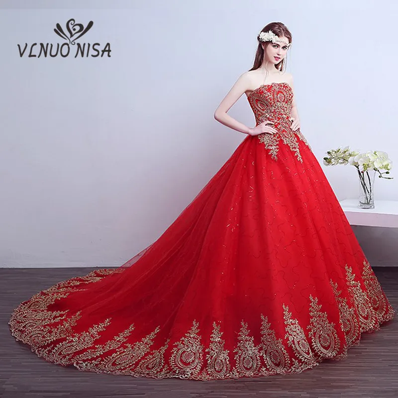 New 2018 Vintage Lace Red Wedding Dresses Long Train Plus Size Ball Gown Robe de Mariee Vestido De Noiva Gold Appliques Stapless
New 2018 Vintage Lace Red Wedding Dresses Long Train Plus Size Ball Gown Robe de Mariee Vestido De Noiva Gold Appliques Stapless