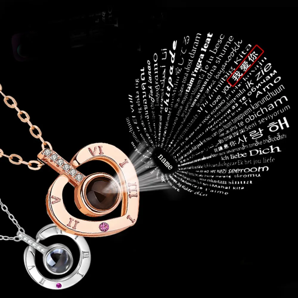 

New fashion DIY customize name Rose Gold & Silver Necklace i love you 100 languages Nano Projection for Valentine's day Present