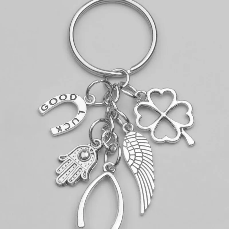 Fashion New Hand Fatima Wings Clover Good Luck Horseshoe Fish Bone Pendant Key Chain Ring Keychain Package Decoration Gift 1pcs
Fashion New Hand Fatima Wings Clover Good Luck Horseshoe Fish Bone Pendant Key Chain Ring Keychain Package Decoration Gift 1pcs