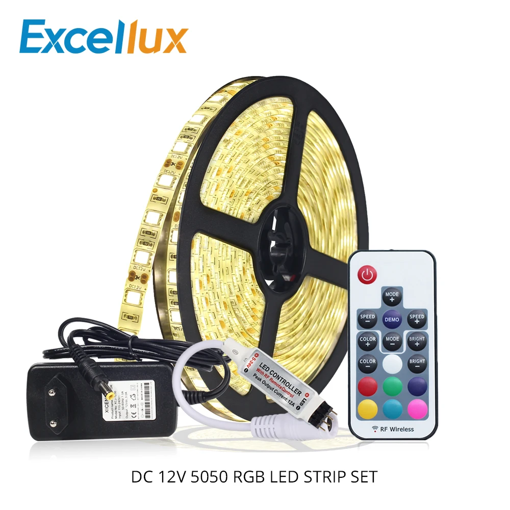 A Set LED Strip 5050 RGB with RF remote control 12V 3A Adapter 5 Meters Light 60LEDs/m EU/US Plug IP20/IP65 | Освещение