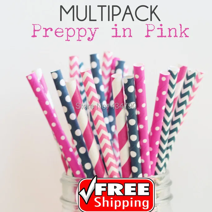 

250pcs Mixed 5 Designs PREPPY IN PINK Paper Straws UK, Hot Pink, Deep Pink, Navy, Deep Blue Chevron, Striped, Swiss Dot