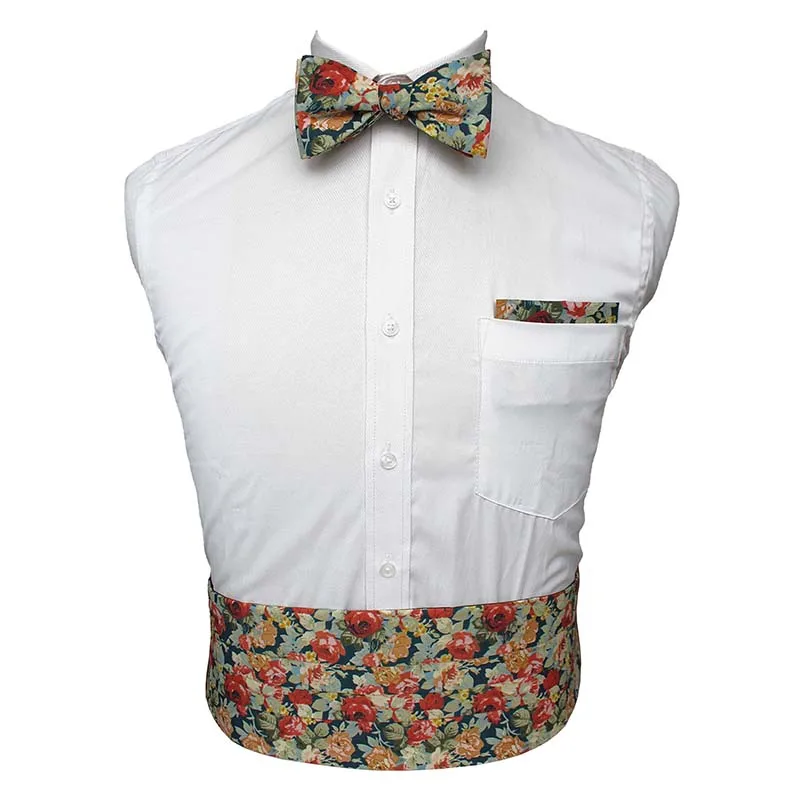 

JEMYGINS 100% Cotton High Quality Printing Floral Self Men Bow Tie & Pocket Square & Cummerbund For Gentleman Party Wedding