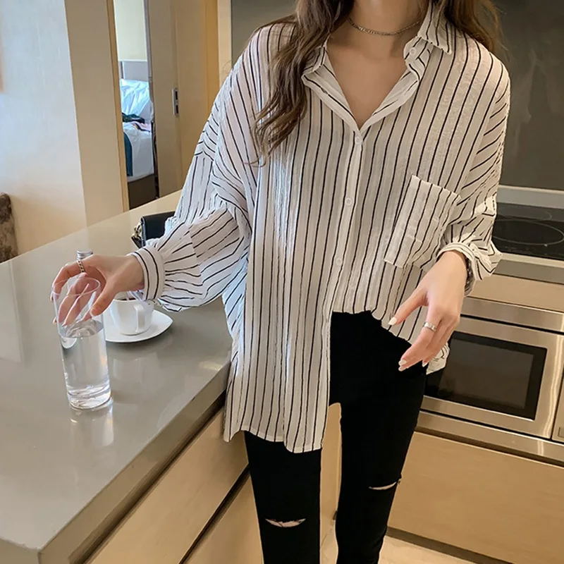 Summer Loose Blouses Striped Lapel Shirts For Fashion Ladies Women Long-sleeved Shirts Casual Female Blouses
Summer Loose Blouses Striped Lapel Shirts For Fashion Ladies Women Long-sleeved Shirts Casual Female Blouses