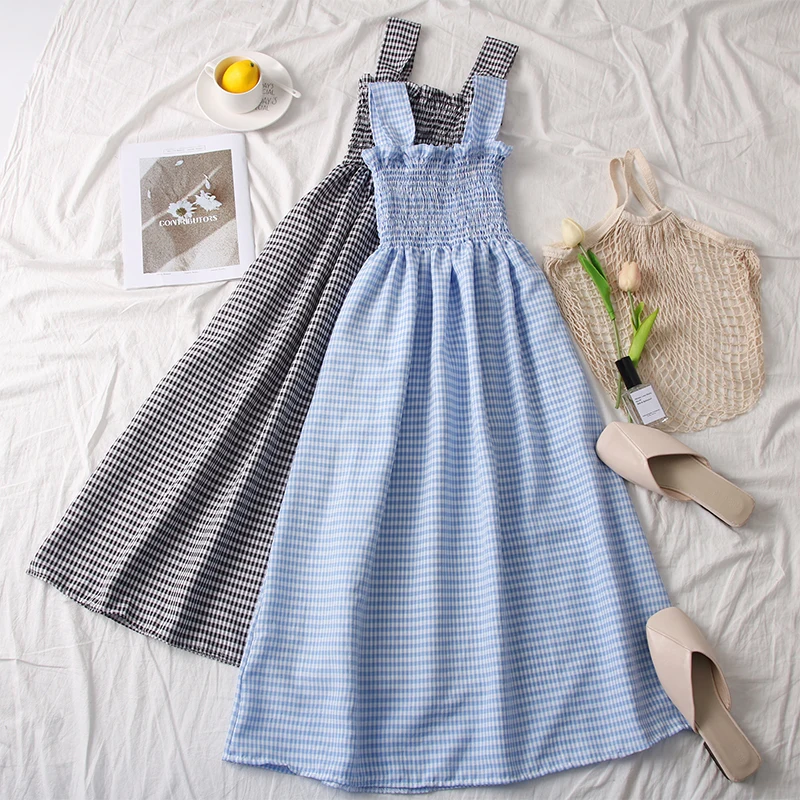 2019 Summer Women Sleeveless Dress Spaghetti Strap Plaid Bohemian Dress Mid Long Female Holiday Vestidos
2019 Summer Women Sleeveless Dress Spaghetti Strap Plaid Bohemian Dress Mid Long Female Holiday Vestidos