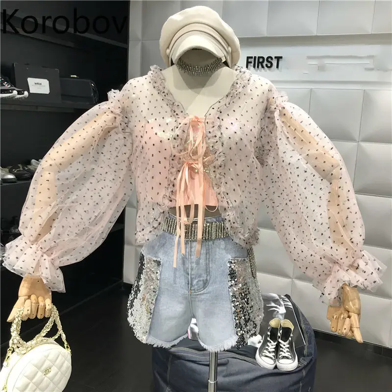 Korobov Korean Sweet Polka Dot Print Mesh Chiffon Blouse Women Long Sleeve Lacing Bow Shirts Short Tops Blusas Mujer 77970
Korobov Korean Sweet Polka Dot Print Mesh Chiffon Blouse Women Long Sleeve Lacing Bow Shirts Short Tops Blusas Mujer 77970